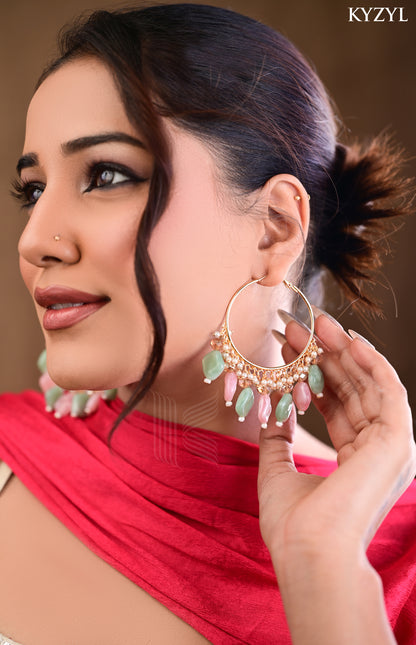 Mughal Mint Jhumkas- Mint Green & Soft Pink Floral design