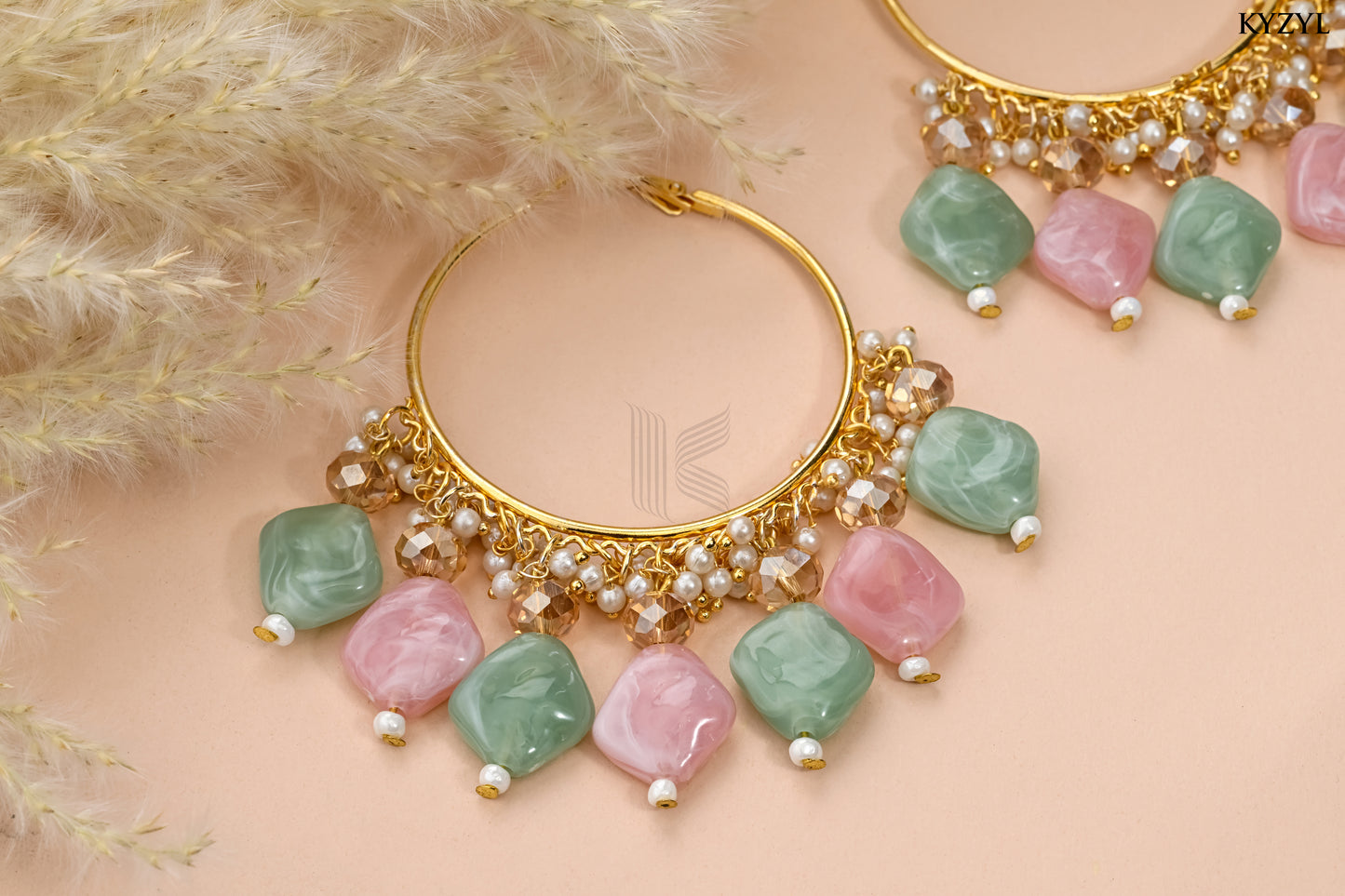 Mughal Mint Jhumkas- Mint Green & Soft Pink Floral design