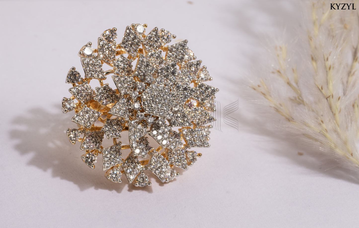 Diamond Dust Gala – Golden Radiance Cocktail Ring