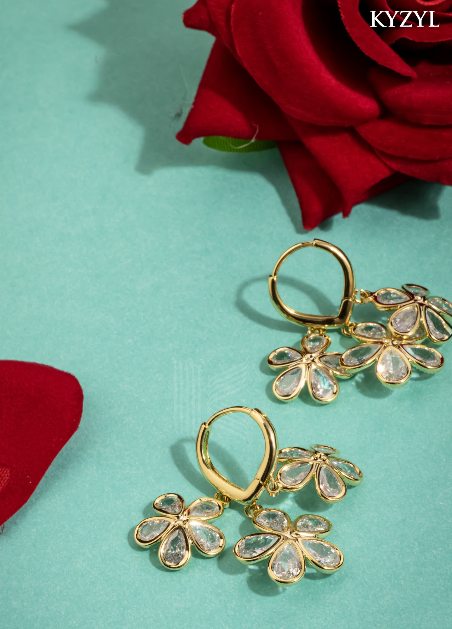 Aurora Floral Chandeliers – Triple-Bloom Gold Drop Earrings