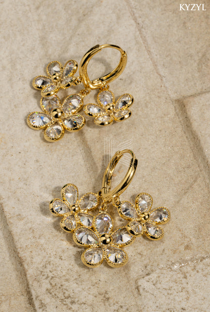 Aurora Floral Chandeliers – Triple-Bloom Gold Drop Earrings