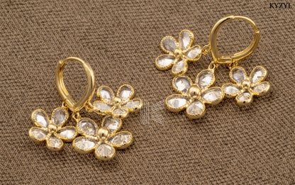 Aurora Floral Chandeliers – Triple-Bloom Gold Drop Earrings
