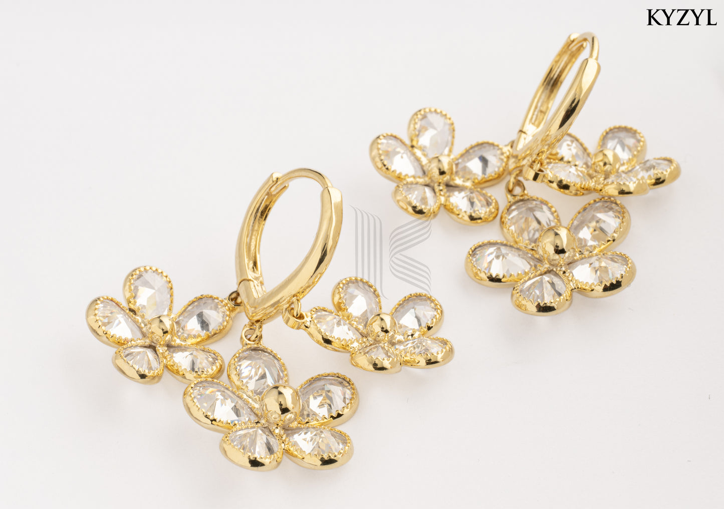 Aurora Floral Chandeliers – Triple-Bloom Gold Drop Earrings